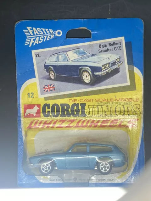 Corgi Juniors 12 Reliant Ogle Scimitar Gte, Blue, Whizzwheels, Mint, Nm Card.