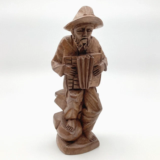 Vintage Hand Carved Wooden Folk Art Figure Hobo Man Musician Accordion Beard Hat