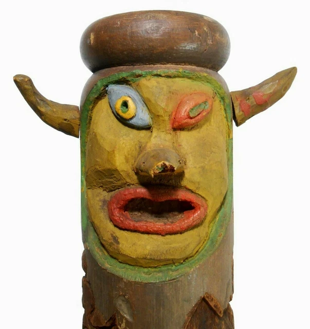 Rare Mid-20Th C Vint American Folk Art 55" 4-Sided Face, Tiki Carved Porch Post