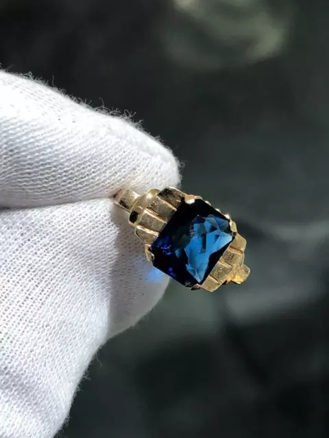 14k Yellow Gold Emerald Cut Ceylon Blue Sapphire Vintage Halo Ring Size 6.5 Gift