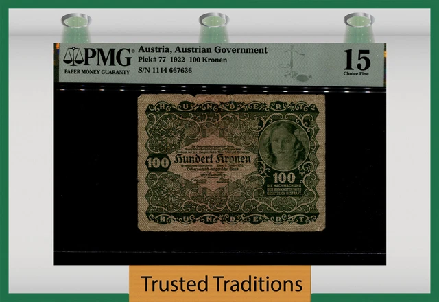 Tt Pk 77 1922 Austria Austrian Government 100 Kronen Pmg 15 Choice Fine