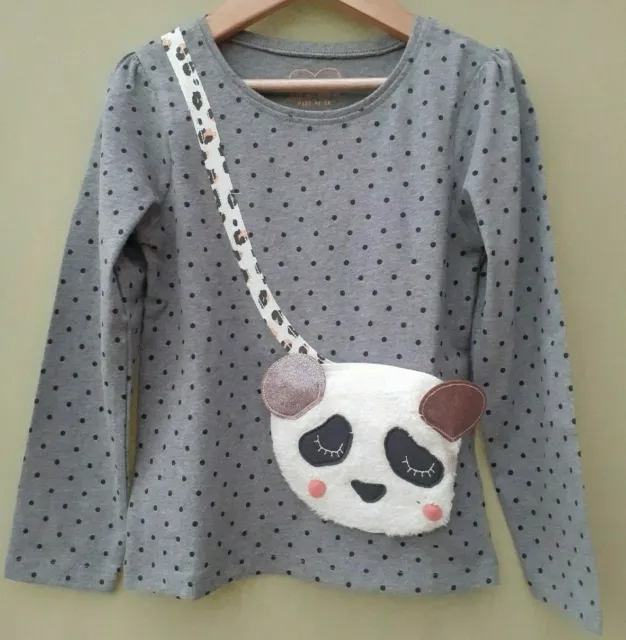 GIRLS PANDA PURSE POCKET TRIM TOP GREY SPOTTED AGE 4 - 5 YEARS NEW (ref 991)