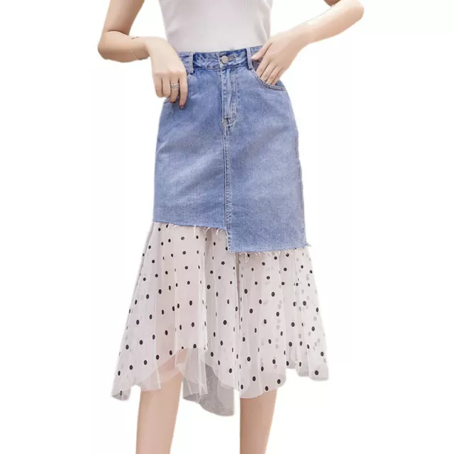 Women Polka Dot Mesh Denim Patchwork Skirt A Line Frill Tulle Fishtail Chic