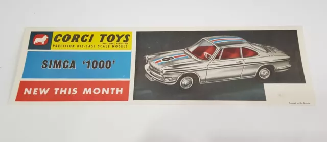 Rare 1960's Corgi Toys 'Simca 1000' Promotional Window Streamer, - Superb Mint