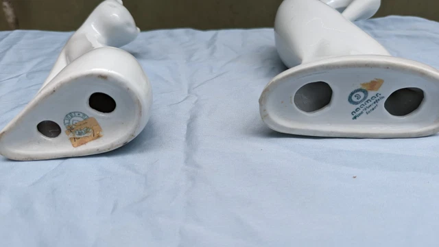 Vintage Naaman Israel White Handcast Fine Porcelain cat and bird Figurines MCM