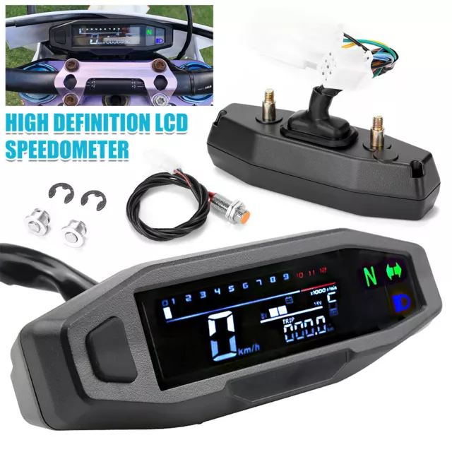 Mini Digital Motorcycle Gauge LCD Motorbike Odometer Speedometer Tachometer