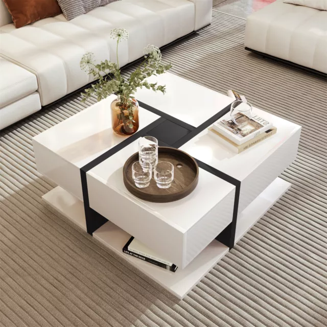 Coffee Table With 4 Drawers Side Table High Gloss White Living Room Furniture