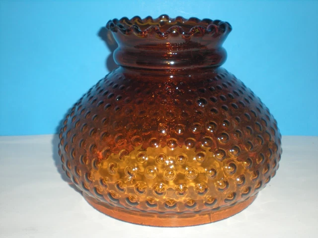 vtg Amber Glass Hobnail Student Lamp Shade Ruffle Top 7" Fitter