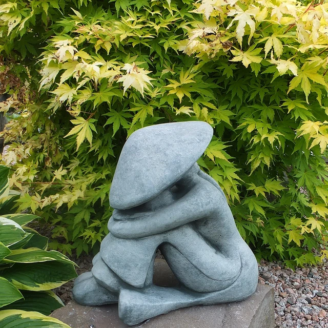 Steinfigur Japanischer Chinesischer Reis Bauer Buddha  Deko Garten Stein grau