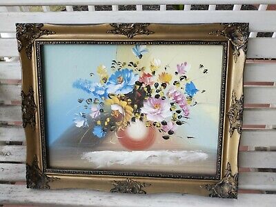 Original Oil on Canvas of Floral in Vase w/ Ornate Gold Baroque Victorian Frame