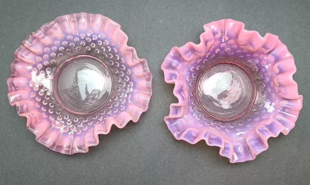 Two Vintage FENTON GLASS Pink Cranberry Opalescent Hobnail Ruffled Candy Dish