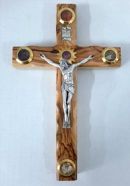 Olive Wood Cross Size 25cm With 5 Souvenirs From Holy Land Soil, Flowers, Stone