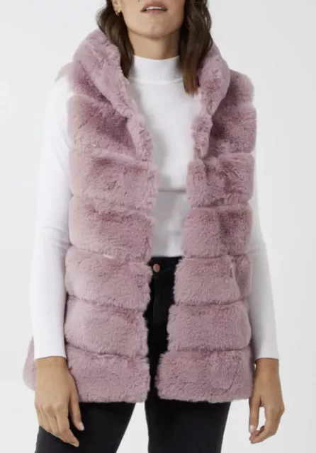 QED LDN Ladies Womens Hooded PREMIUM Pelted Fur Gilet PINK Waist Coat BNWT