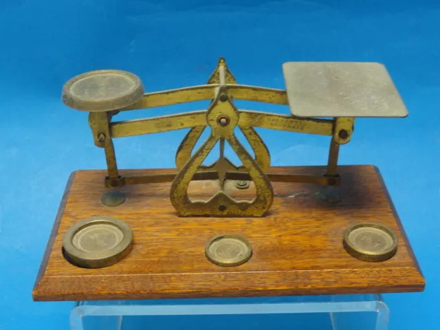 Antique English Postal Scale Brass with Wood Platform