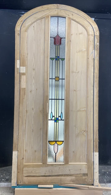 1 Stained Glass Front Door Wooden Reclaimed Old Antique Lead Arched Wood Frame 8
