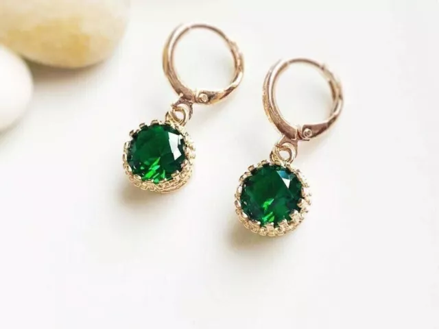 2Ct Round Cut Lab-Created Emerald DropDangle Earrings 14K Yellow Gold Plated