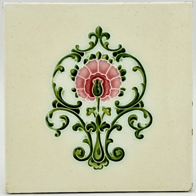 Antique Fireplace Tile Floral Moulded Majolica Rhodes Tile Co C1900 AE7