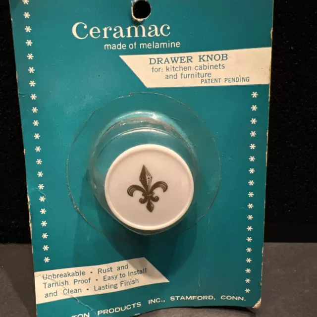 Vintage Ceramac White Melamine Cabinet Drawer Pull Knob NOS Fleur-De-Lis 304