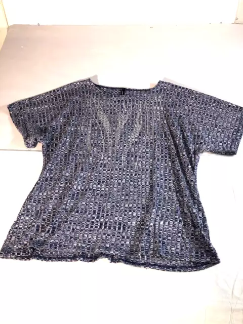 Forever Jade Womens Shirt Blue Rhinestone Accents Short Sleeve Stretch Size 1X