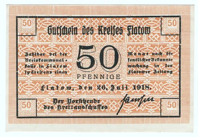 🔸FLATOW in Westpreußen / ZŁOTÓW: "Kreis Flatow", 50 Pfg. NOTGELD (mit Wz.)