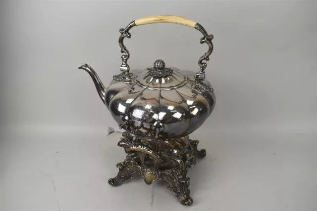 Antique Spirit Kettle Tilting Teapot Warmer Stand Silver plate Perseverando Elk