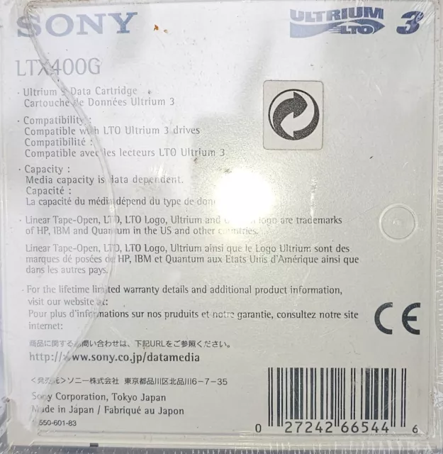 Sony LTO-3/Ultrium-3 Data Tape/Cartridge 400/800GB LTX400G NEW