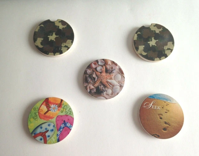 Vintage Lot of 5 Round Ceramic Tiles 2.5" Camouflage Sandals Seashells Sand  Y
