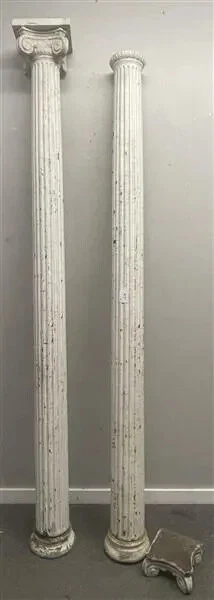 Antique Wooden Round Fluted Porch Post Column Capital & Plinths 9 Feet x 9 Inch