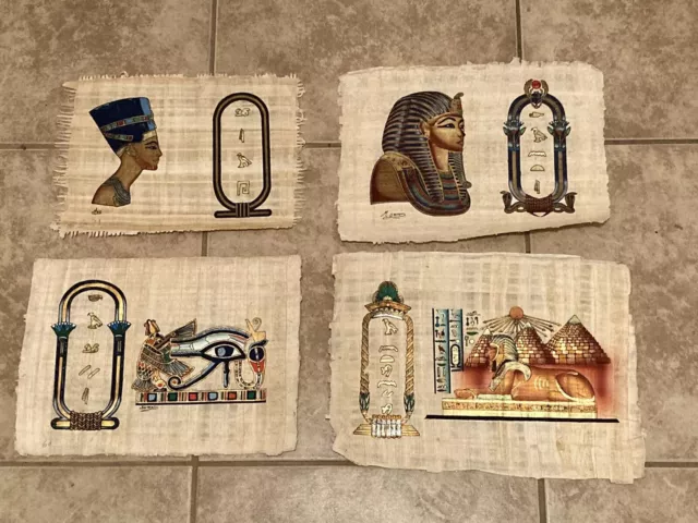 Vintage Egyptian Painting On Papyrus Paper, Hand Painted And Signed Lot Of 4
