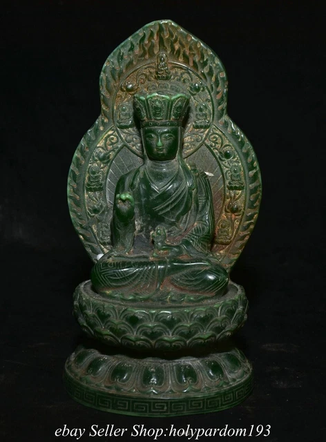 6.8" Old Chinese Green Jade Carved Ksitigarbha Boddhisattva Backlight Statue