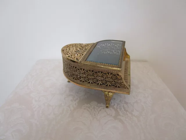 Aldon Japan Ormolu Jewelry Casket Piano Music Box Beveled Glass Plays Gold Tone