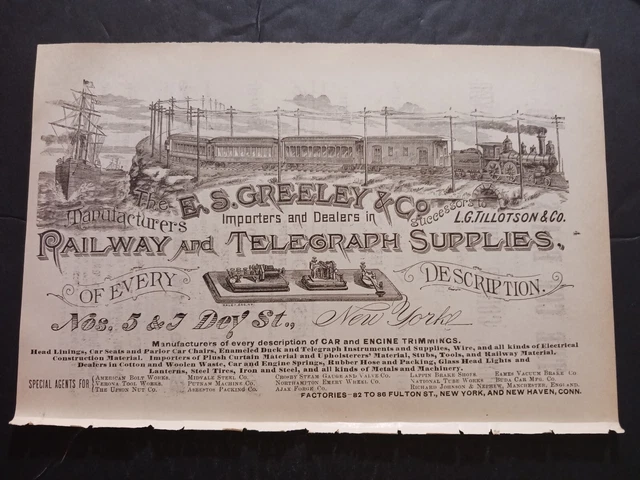 1891 print ad E. S. GREELY Railway & Telegraph Supplies railroad train ship pic