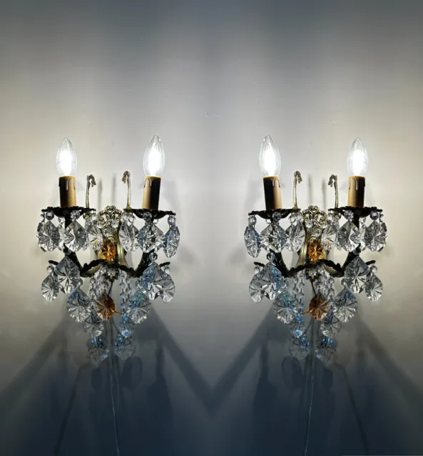 Pair Of Antique /Vintage French Brass & Crystal Sconces Wall Lamp Lighting 1960s