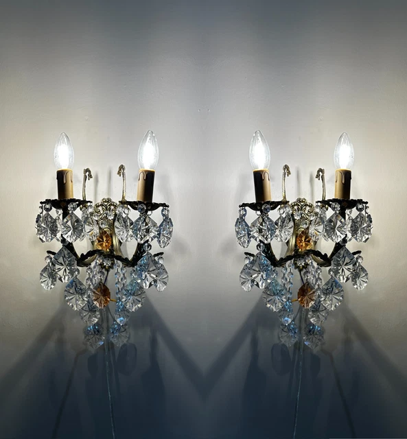 Pair Of Antique /Vintage French Brass & Crystal Sconces Wall Lamp Lighting 1960s