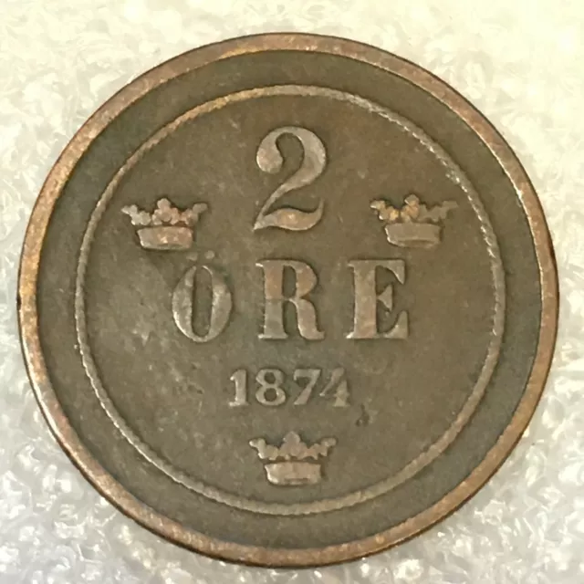 1874 SWEDEN 🇸🇪 Bronze 2 ORE Coin, OSCAR II. Small Letters, Free Shipping.