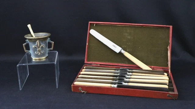 Antique bronze mortar and pestle, cutlery set, France, end 19th century