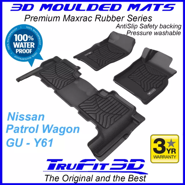 Fit Nissan Patrol GU Y61 1998 - 2015 3D Maxtrac F & R Black Rubber Floor Mats