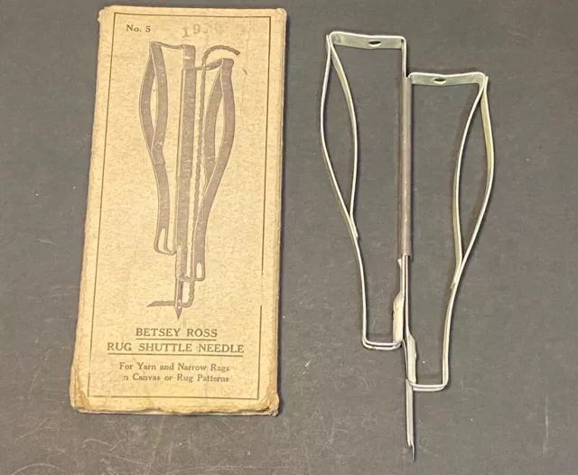 Herramienta de tejido con aguja perforadora de metal vintage Betsey Ross con caja original