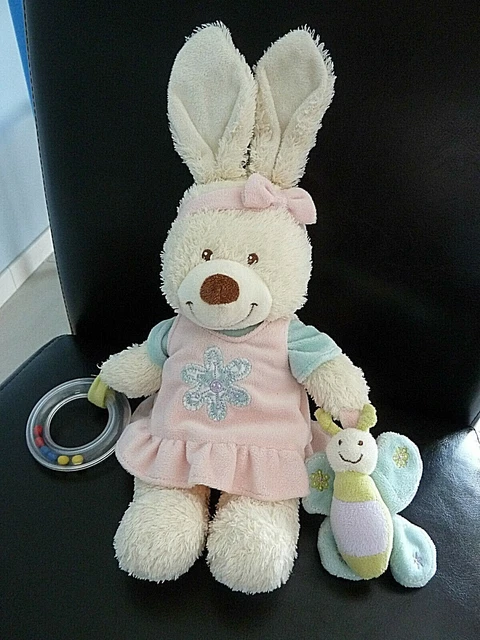 55. DOUDOU PELUCHE TEX BABY LAPIN ROBE ROSE BLEU PAPILLON HOCHET 28cm ET.NEUF*