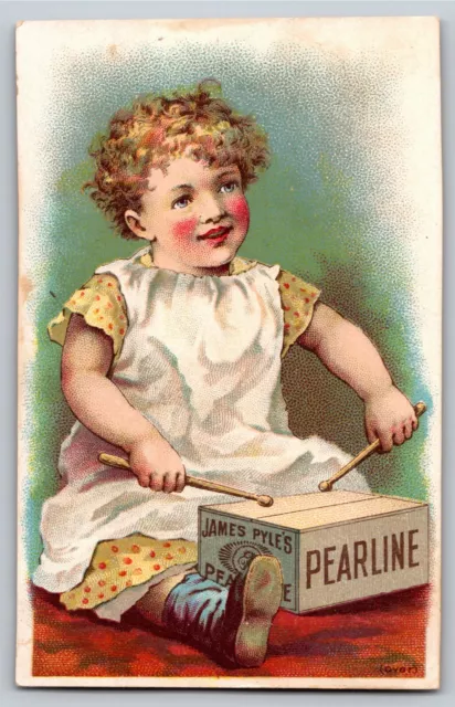 James Pyle's Pearline Victorian Trade Card - Child Drumming on Wooden Crate