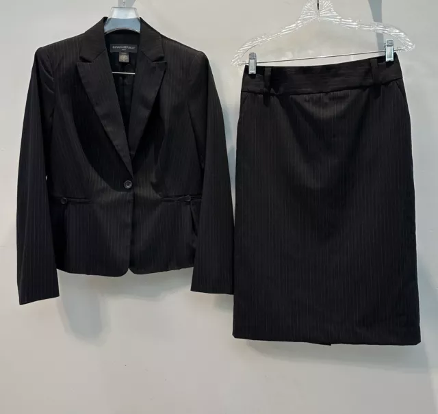 SZ 2 Skirt Jacket Blazer BANANA REPUBLIC SUIT Black White PINSTRIPE Stretch WOOL