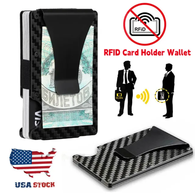 Mens RFID Blocking Slim Money Clip Carbon Fiber Credit Card Holder Metal Wallet