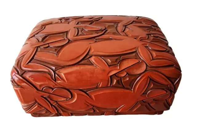 VTG Asian Cinnabar Carved Lacquer Brides Box Large  for Kimono Rare Signed READ