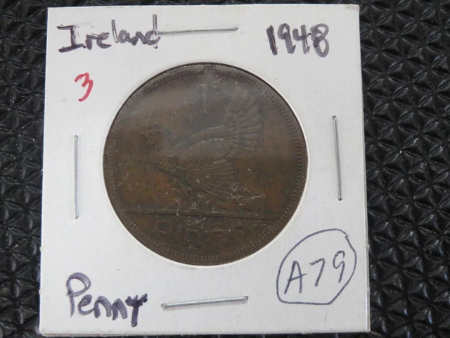 1948 Ireland 1 One Penny Red Coin  Irish Harp Hen Chicks Eire~#B12-3