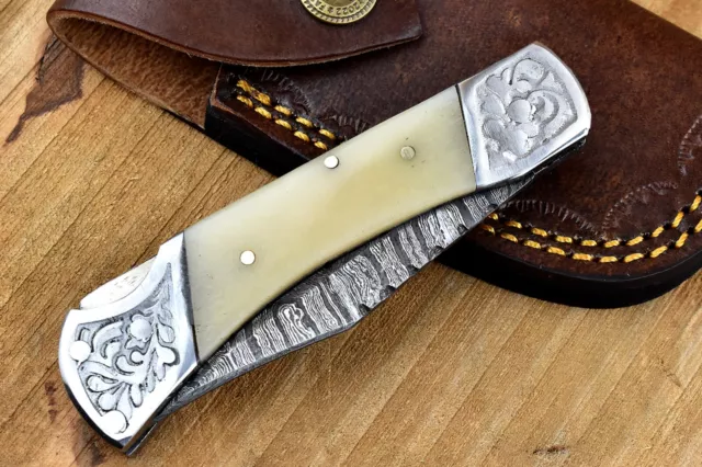 SHARDBLADE HAND FORGED DAMASCUS Steel Lockback Folding Pocket Knife With Sheath