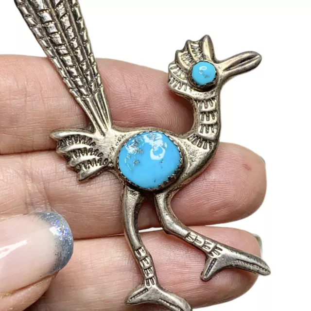 Vintage Sand Cast Roadrunner Brooch, Sterling and Turquoise, Stampings