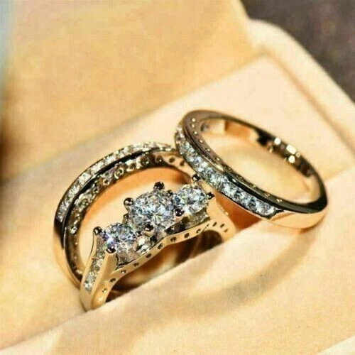 2Ct Round Cut Real Moissanite 14K White Gold Plated Trio Wedding Engagement Ring