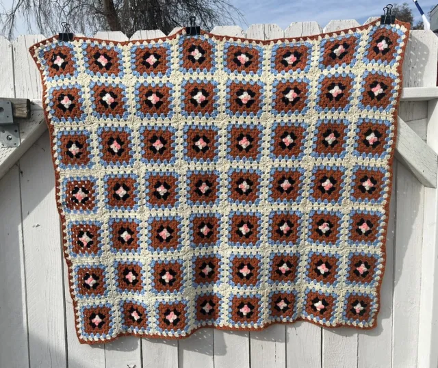 Vintage Afghan Throw Blanket 44.5 X 53 Square Crochet Handmade Grannycore