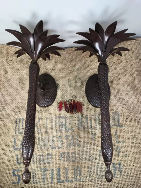 Pair Hollywood Regency Pineapple Palm Tree Candle Wall Sconce Vintage Rubbed