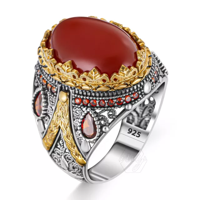 925 Sterling Silver  Ottoman Turkish Handmade Red Oval Agate Stone Men's Ring
